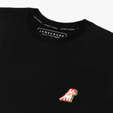 Flat-lay front view of the black t-shirt showing the small logo on the chest.