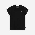 Flat-lay front view of the black t-shirt highlighting the small logo on the chest.