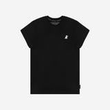 Flat-lay front view of the black t-shirt highlighting the small logo on the chest.