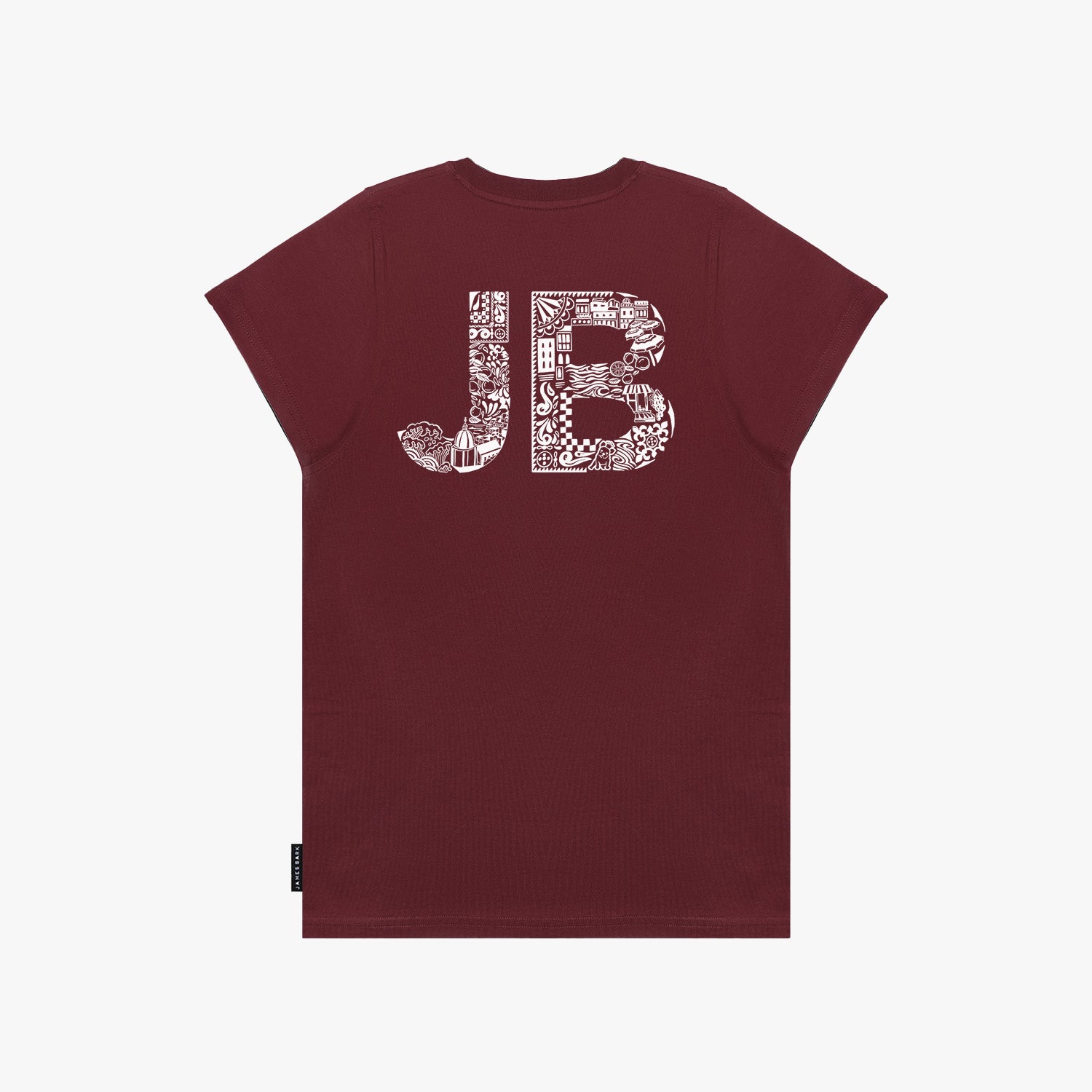 Back flat-lay view of the burgundy t-shirt showing the "JB" graphic in white.
