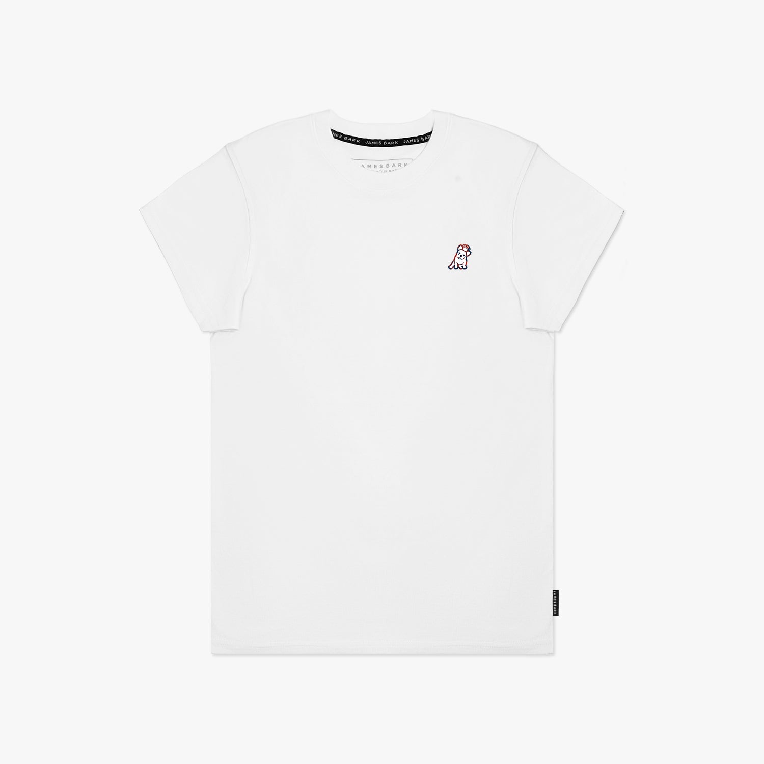 Flat-lay front view of the white t-shirt displaying the small embroidered logo on the chest.