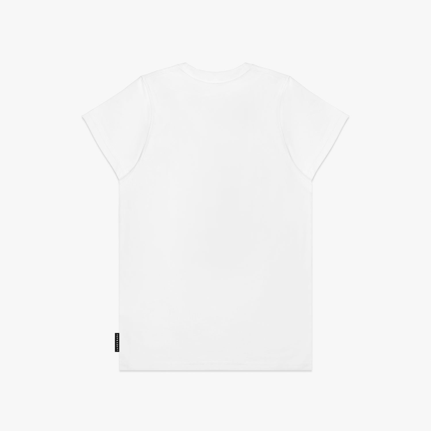 A flat lay of the back of the white T-shirt with no design visible.