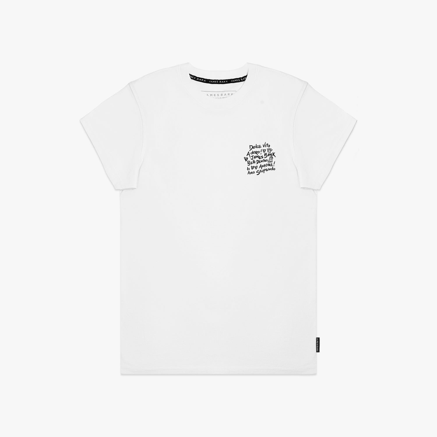 A flat lay of the white T-shirt, showing the black text design on the chest.