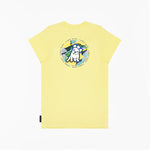 A flat lay of the back of the yellow T-shirt, showing the large circular graphic with the tropical background and dog illustration, along with "James Bark Privé Society" text.