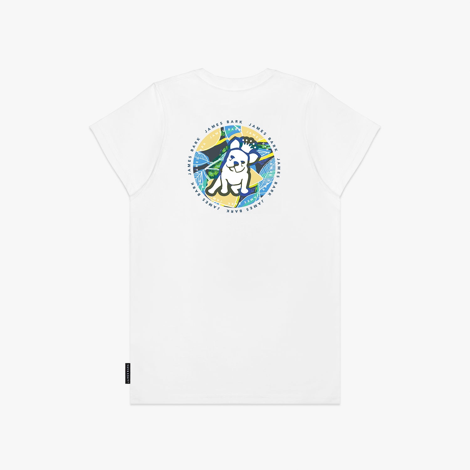 A flat lay of the back of the white T-shirt, showing the large circular graphic with the tropical background and dog illustration, along with "James Bark Privé Society" text.