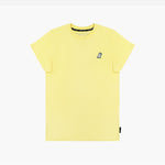 A flat lay of the yellow T-shirt, displaying the small embroidered dog logo on the chest.