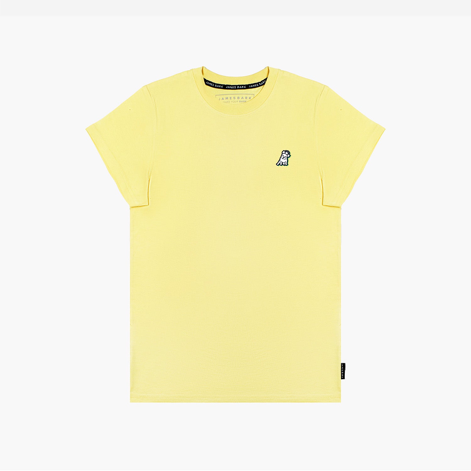 A flat lay of the yellow T-shirt, displaying the small embroidered dog logo on the chest.