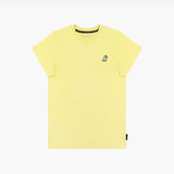 A flat lay of the yellow T-shirt, displaying the small embroidered dog logo on the chest.