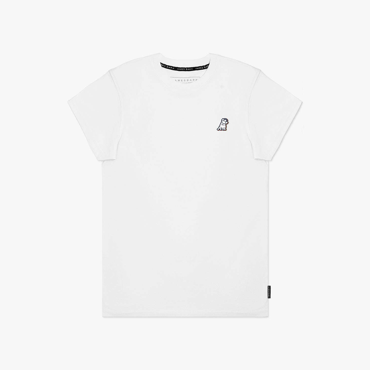 Flat-lay front view of the white t-shirt highlighting the small logo on the chest.
