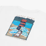 Close-up rear view of the t-shirt, focusing on the detailed beach scene with "James Bark" branding.