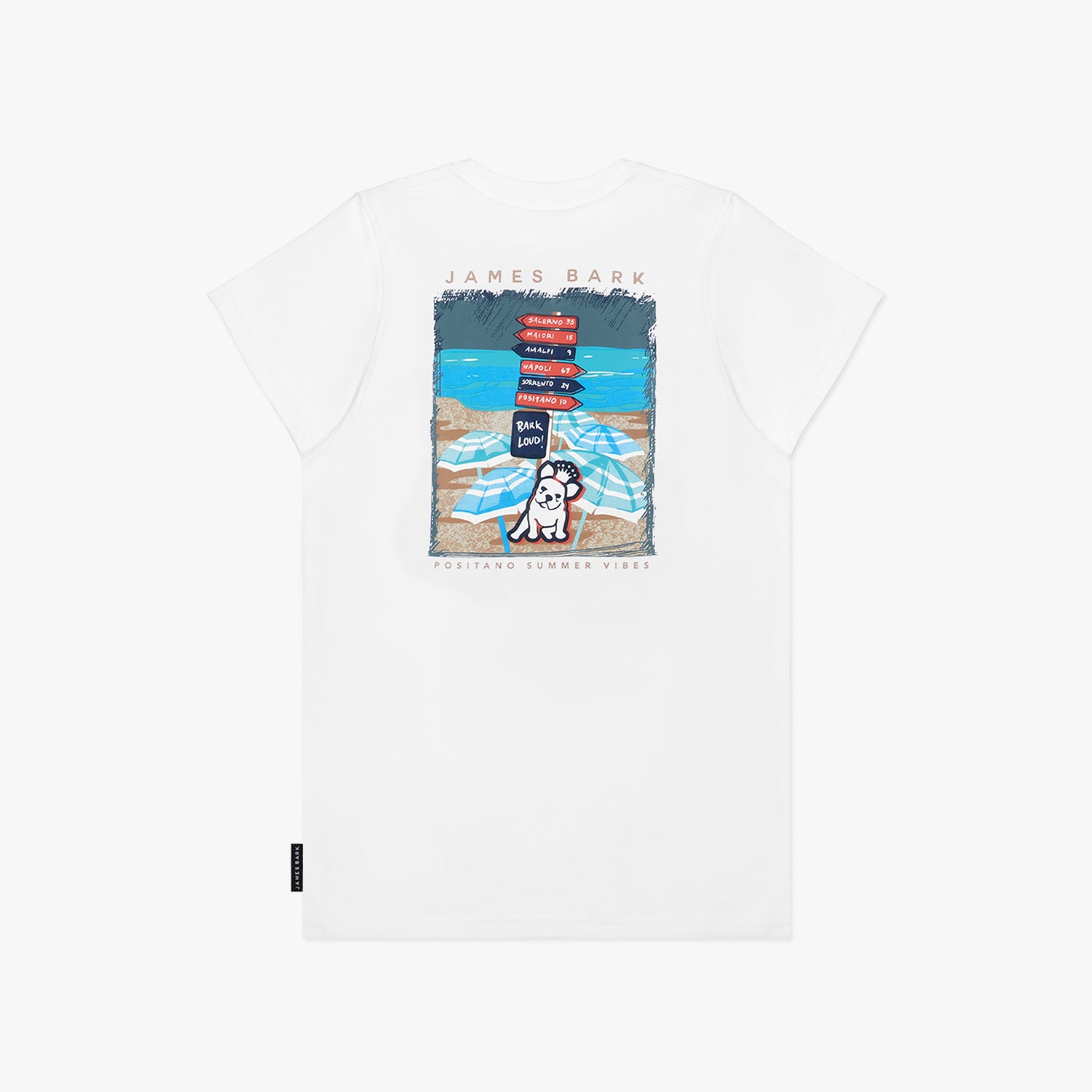 Back flat-lay view of the white t-shirt displaying the beach graphic with lifeguard chairs and a dog.