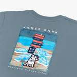 Close-up rear view of the t-shirt, focusing on the detailed beach scene with "James Bark" branding.