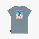 Back flat-lay view of the blue-gray t-shirt displaying the beach graphic with lifeguard chairs and a dog.