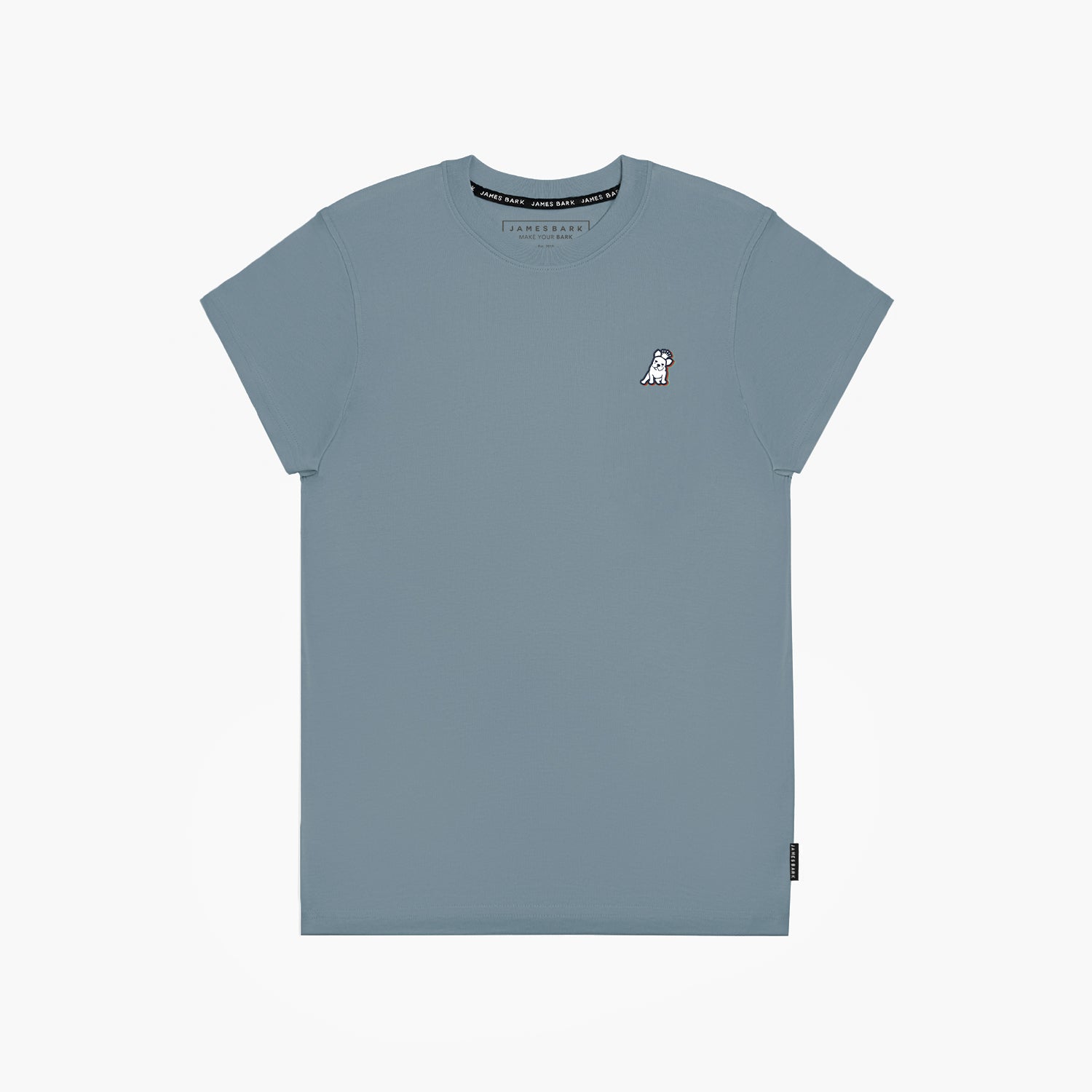 Flat-lay front view of the blue-gray t-shirt highlighting the small logo on the chest.