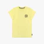 A flat lay of the yellow T-shirt, showing the black text design on the chest.