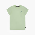 A flat lay of the light green T-shirt, displaying the small embroidered dog logo on the chest.