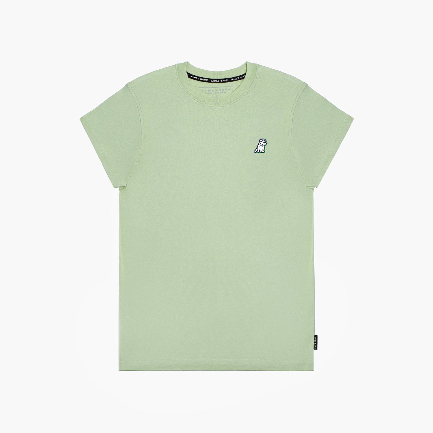 A flat lay of the light green T-shirt, displaying the small embroidered dog logo on the chest.