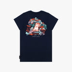 Back flat-lay view of the navy blue t-shirt showing the colorful graphic of buildings and a dog illustration.