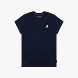 Flat-lay front view of the navy blue t-shirt displaying the small embroidered logo on the chest.