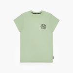 A flat lay of the light green T-shirt, showing the black text design on the chest.