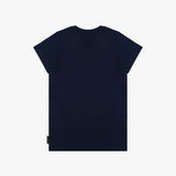 A flat lay of the back of the navy blue T-shirt with no design visible.