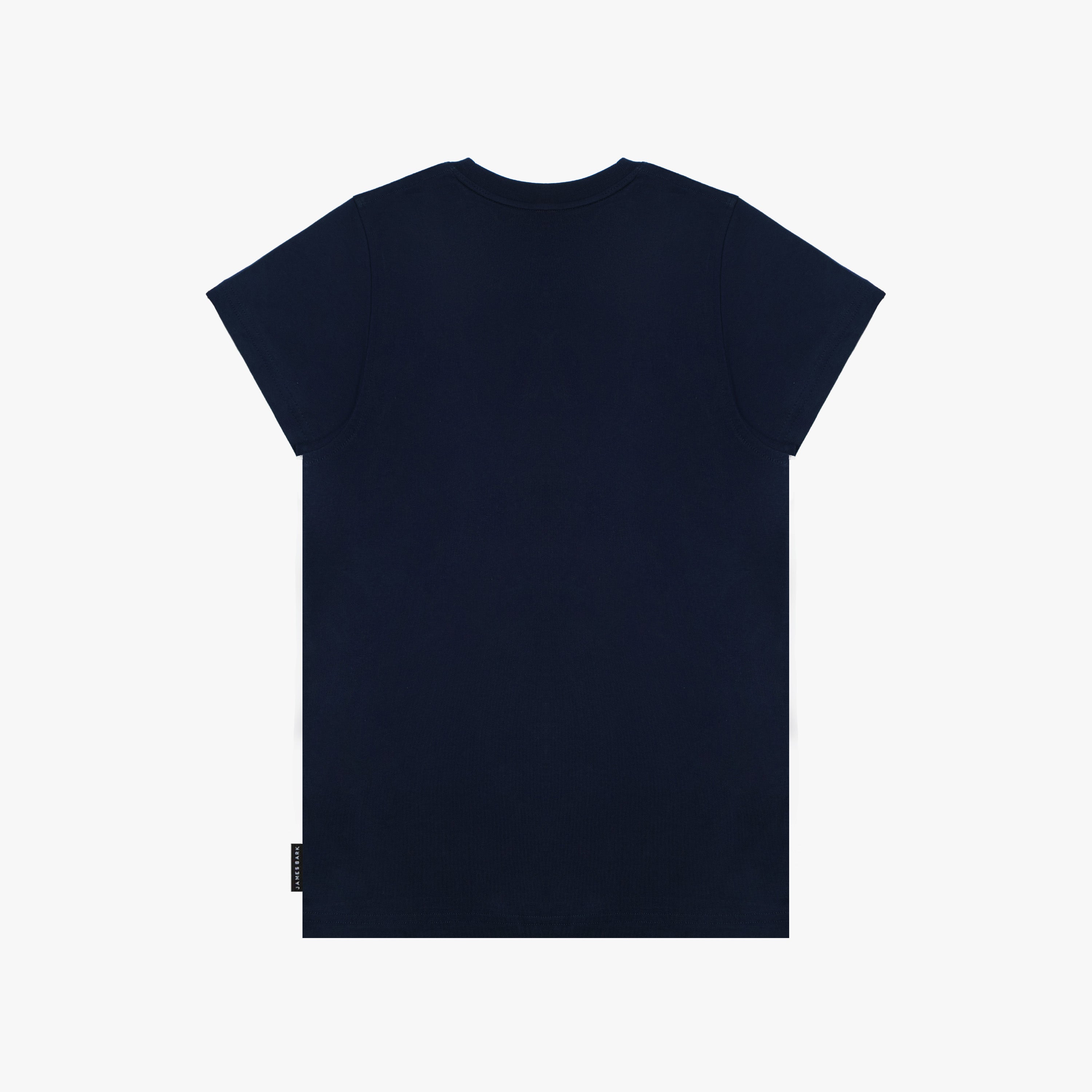 A flat lay of the back of the navy blue T-shirt with no design visible.