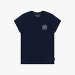 A flat lay of the navy blue T-shirt, showing the white text design on the chest.