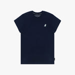 A flat lay of the navy blue T-shirt, displaying the small embroidered dog logo on the chest.