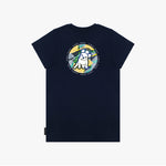 A flat lay of the back of the navy blue T-shirt, showing the large circular graphic with the tropical background and dog illustration, along with "James Bark Privé Society" text.