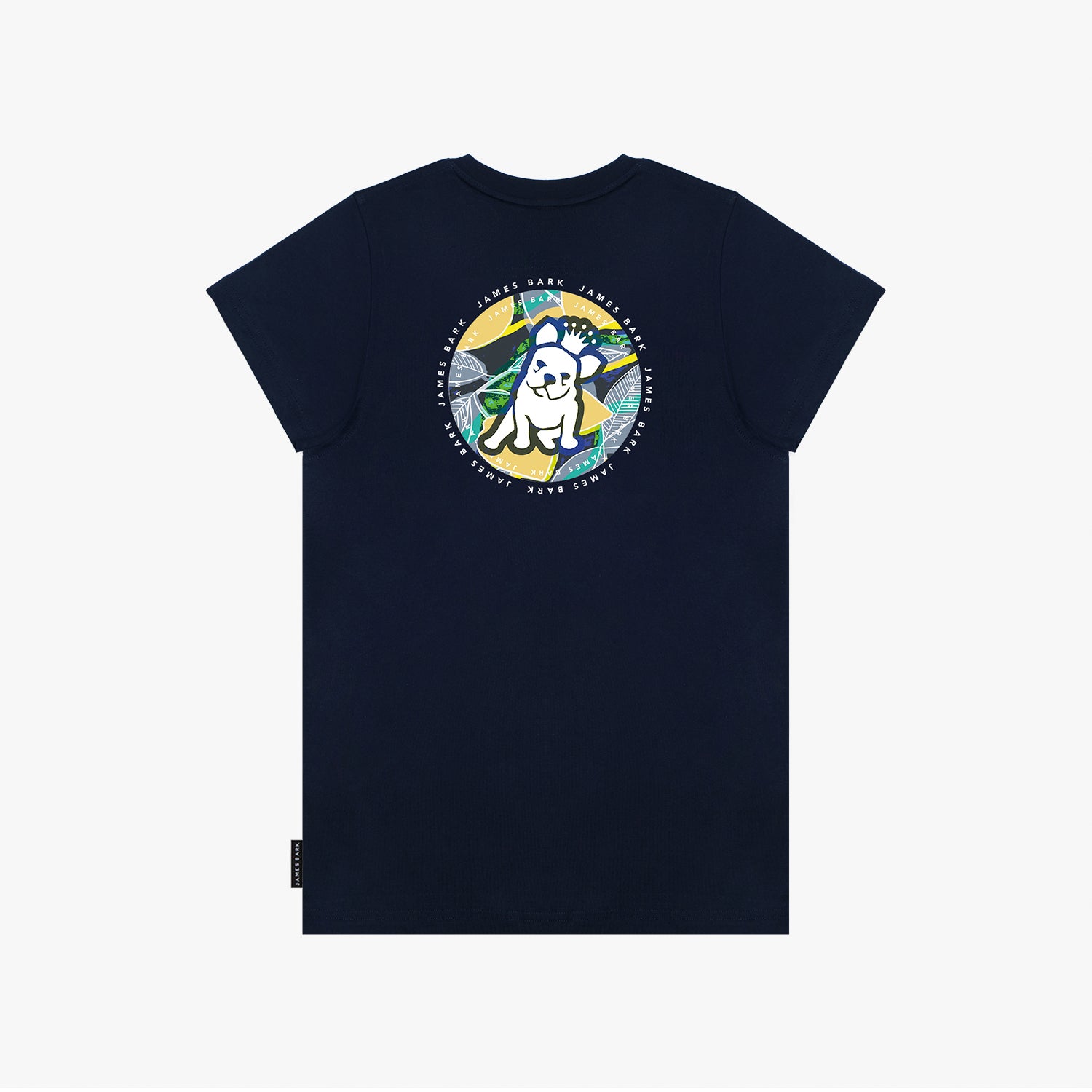 A flat lay of the back of the navy blue T-shirt, showing the large circular graphic with the tropical background and dog illustration, along with "James Bark Privé Society" text.