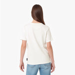 A woman viewed from the back wearing a plain off-white short-sleeve crewneck T-shirt and light blue jeans