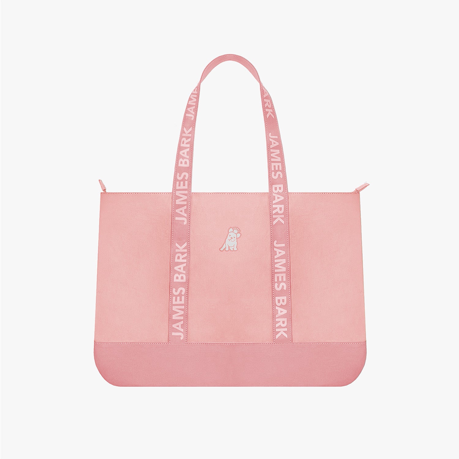 Pink tote bag with 'James Bark' branding on a white background
