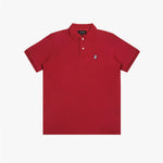 Red polo shirt with a small logo on a white background