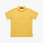 Flat lay of the yellow polo shirt, showing the front with the gold embroidered logo on the chest and buttoned collar.