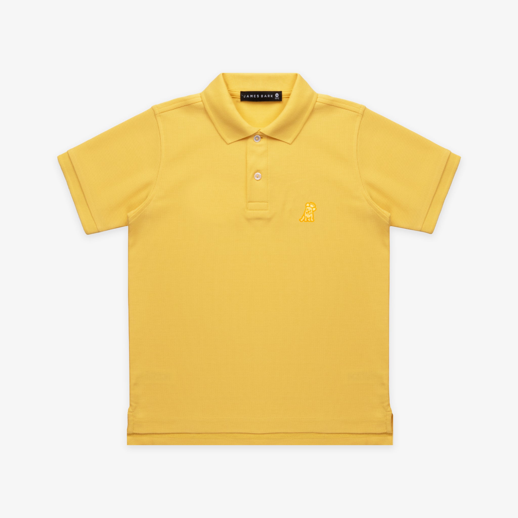 Flat lay of the yellow polo shirt, showing the front with the gold embroidered logo on the chest and buttoned collar.