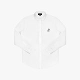 Flat lay front view of a white long-sleeved button-down shirt with white buttons and an embroidered logo on the left chest