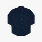 Flat lay front view of a navy blue long-sleeved button-down shirt with white buttons and a small logo on the left chest