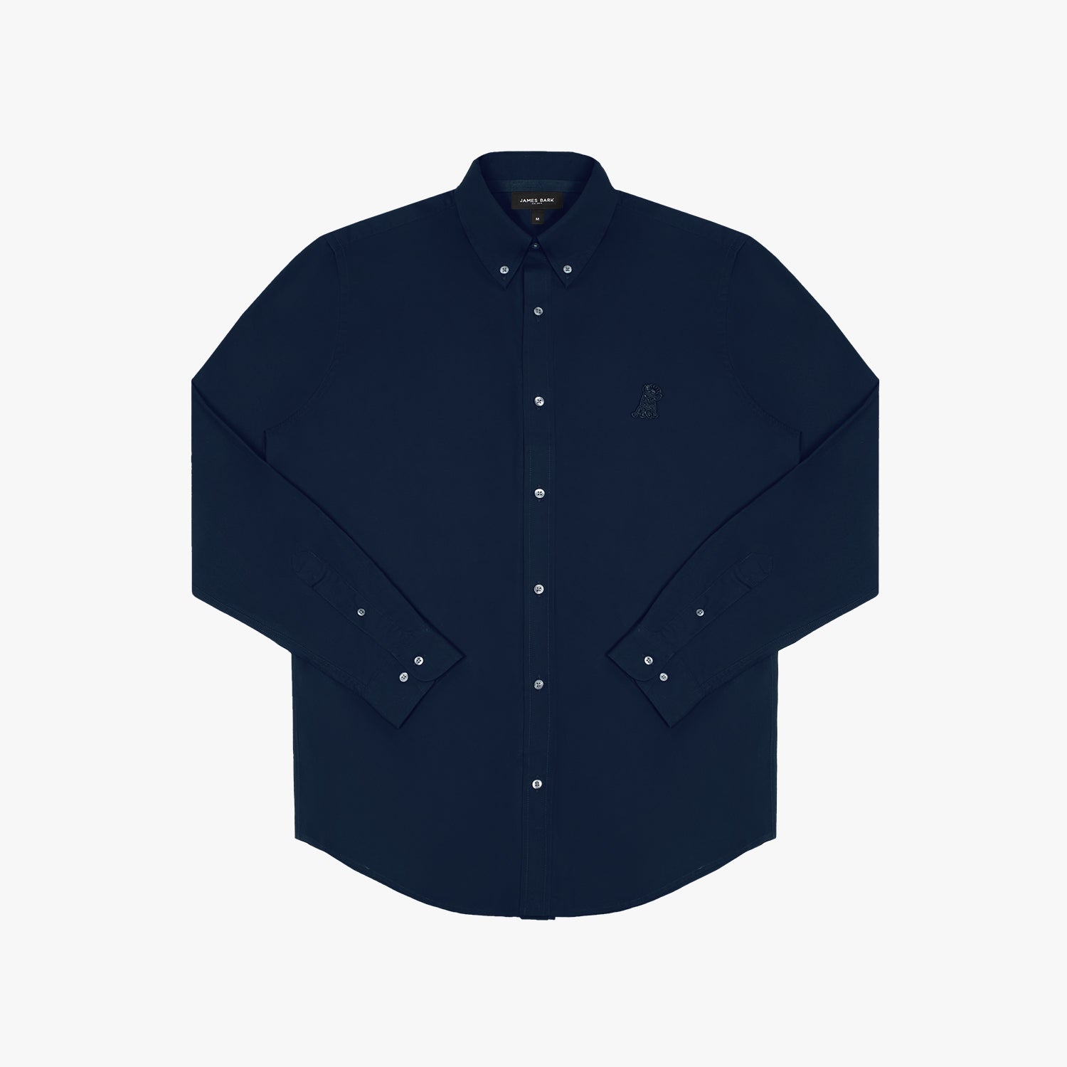 Flat lay front view of a navy blue long-sleeved button-down shirt with white buttons and a small logo on the left chest