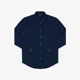 Flat lay front view of a navy blue long-sleeved button-down shirt with white buttons and a small logo on the left chest