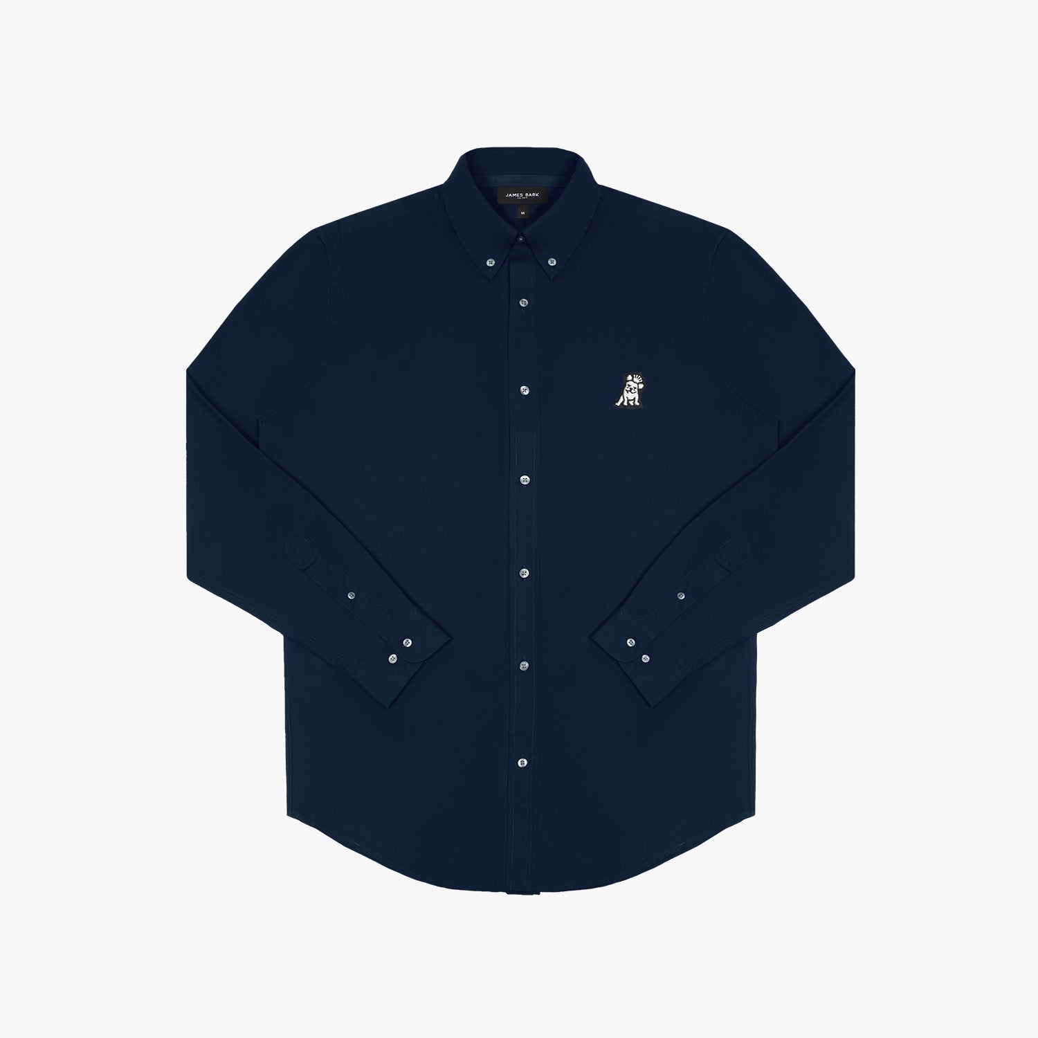 Flat lay front view of a navy blue long-sleeved button-down shirt with white buttons and an embroidered white logo on the left chest