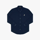 Flat lay front view of a navy blue long-sleeved button-down shirt with white buttons and an embroidered white logo on the left chest