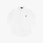 Flat lay photograph of a white long-sleeve button-down oxford shirt with a small black embroidered logo on the left chest and a visible brand label inside the collar, against a white background