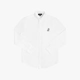 Flat lay photograph of a white long-sleeve button-down oxford shirt with a small black embroidered logo on the left chest and a visible brand label inside the collar, against a white background