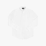 Flat lay photograph of a white long-sleeve button-down oxford shirt with a small white embroidered logo on the left chest and a visible brand label inside the collar, against a white background