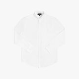 Flat lay photograph of a white long-sleeve button-down oxford shirt with a small white embroidered logo on the left chest and a visible brand label inside the collar, against a white background