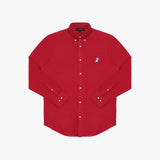 Flat lay photograph of a red long-sleeve button-down oxford shirt with a small white embroidered logo on the left chest and a visible brand label inside the collar, against a white background