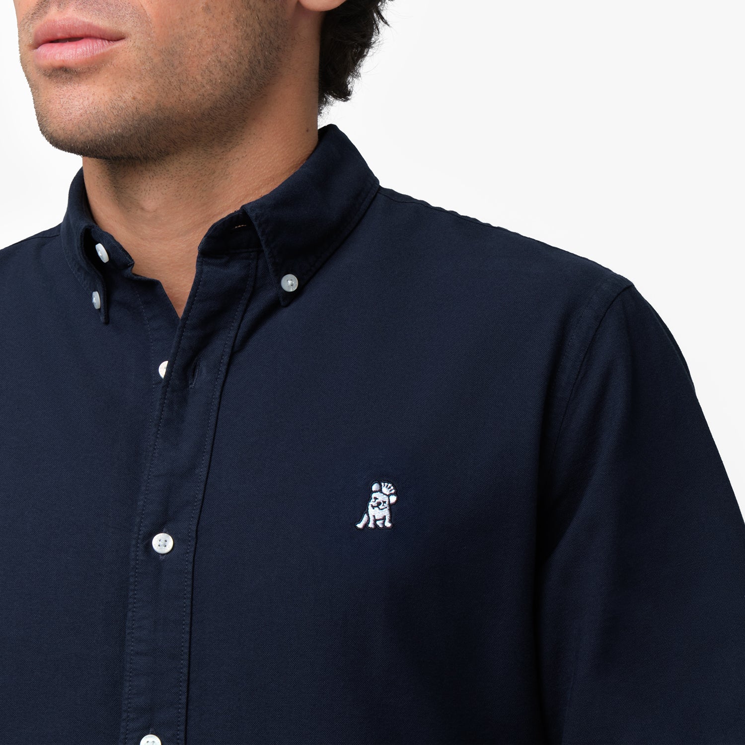 Close-up detail of the navy blue oxford shirt collar and chest area on a male model, showing the button-down collar, buttons, fabric texture, and the small white embroidered dog logo on the left chest