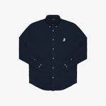 Flat lay photograph of a navy blue long-sleeve button-down oxford shirt with a small white embroidered logo on the left chest and a visible brand label inside the collar, against a white background