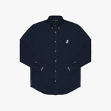 Flat lay photograph of a navy blue long-sleeve button-down oxford shirt with a small white embroidered logo on the left chest and a visible brand label inside the collar, against a white background