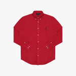 Front view of a red long-sleeved button-down shirt laid flat against a white background. It features a button-down collar, buttoned cuffs, white buttons, and a tonal red embroidered dog logo on the left chest